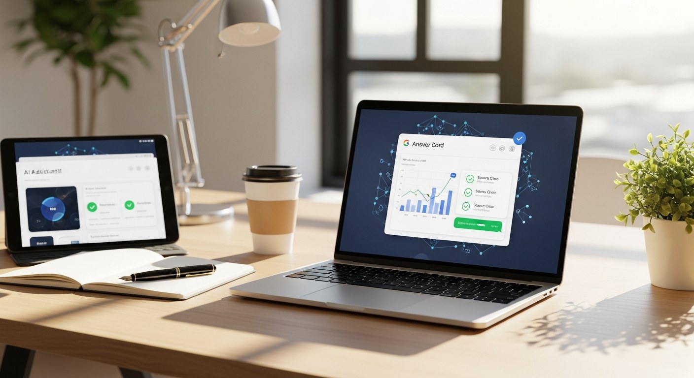 A modern Australian workspace exploring AI search. A laptop displays an abstract AI chat interface with a generated answer in a card surrounded by three source citation chips marked with green check marks. Beside the laptop: a tablet showing an alternate AI assistant in a different interface, an open notebook with a fountain pen, a takeaway coffee, and a small plant. Light wood desk, warm natural daylight from a side window.