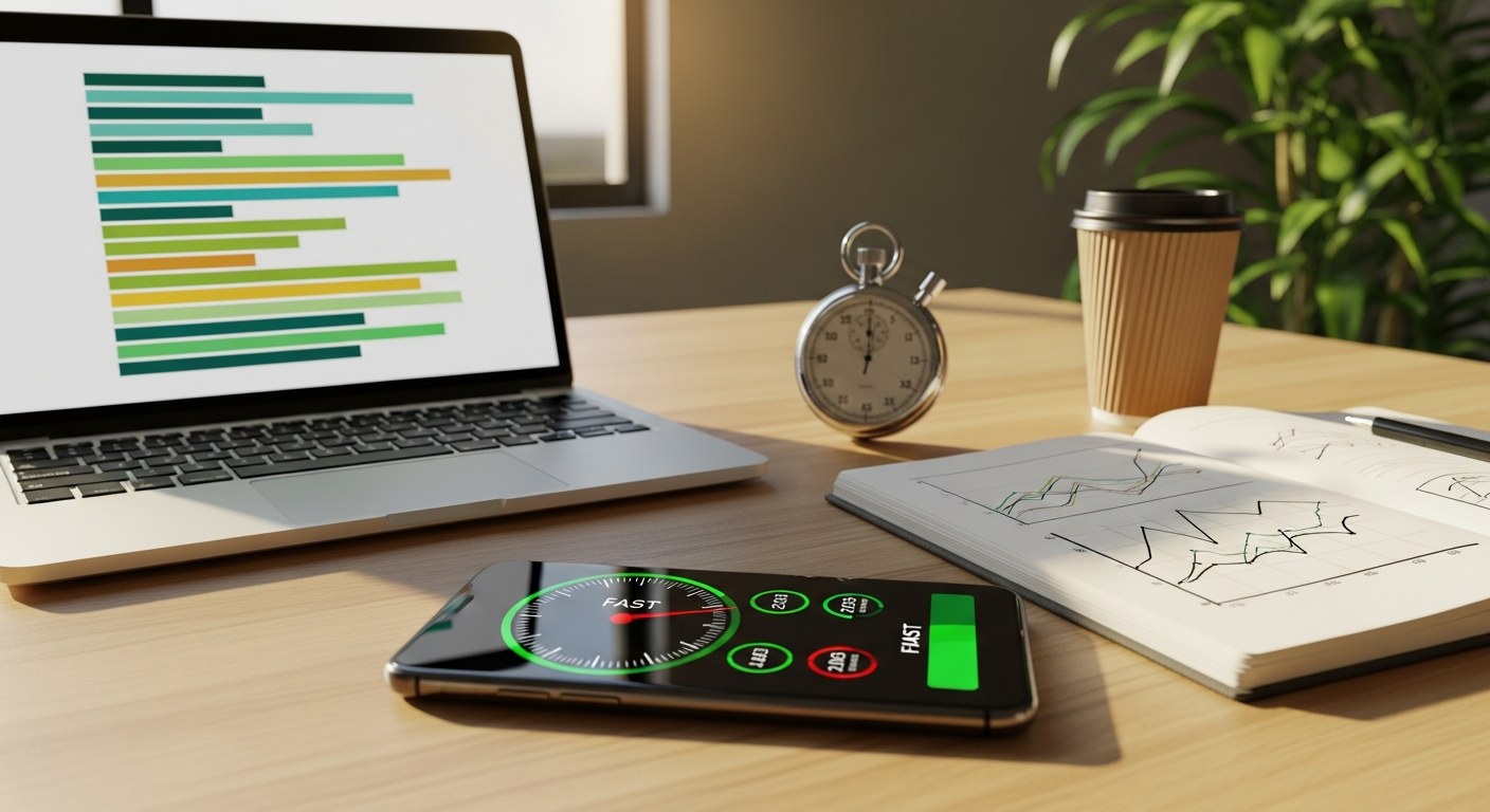 A web performance optimisation workspace in a sunlit Australian office. A modern smartphone in the foreground displays an abstract speed gauge dial reading green in the fast zone, alongside three small circular meters showing performance metrics. A laptop shows an abstract page-load waterfall chart with green and amber bars stacked horizontally. Beside the devices: a stopwatch, an open notebook with hand-drawn performance graphs, and a takeaway coffee.